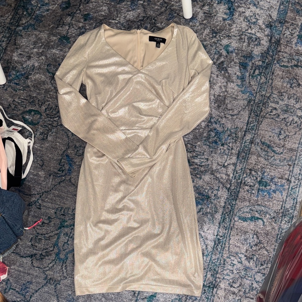 Guess Shimmering Gold Long Sleeve Dress